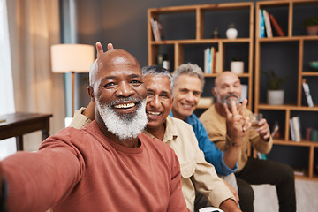 Image showing Portrait selfie, peace sign and black man with friends in house, having fun and bonding together. V emoji, retirement face and happy elderly group of men laughing and taking pictures for social media