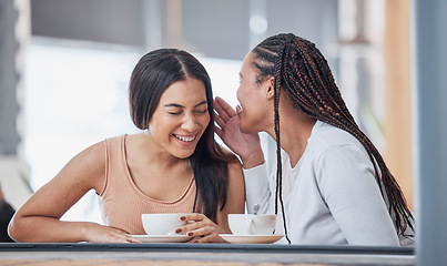 Image showing Talking, laughing and friends at a cafe for coffee, gossip and sharing secrets. Smile, conversation and women speaking, chatting and relaxing with tea, funny jokes and friendship in a restaurant