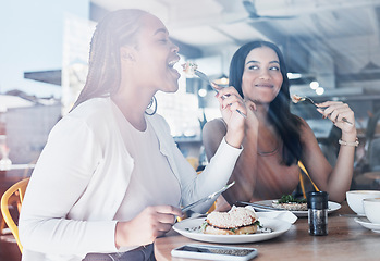 Image showing Food, friends and smile, women in cafe eating together on lunch date on fun summer weekend. Friendship, social and hungry people, girl and friend in restaurant or coffee with sunshine and sandwich.