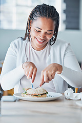 Image showing Black woman eating sandwich at restaurant for customer services or experience of breakfast or lunch. Black person or consumer and bagel, burger or food at small business cafe or cafeteria for review