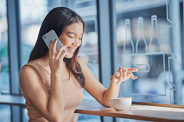 Image showing Woman, happy student and coffee shop with phone call, smile and digital communication for date. Young gen z girl, smartphone conversation and excited face in cafe with comic laugh, relax and contact