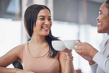Image showing Coffee cup, couple of friends and cheers for happy social conversation, meeting and morning lifestyle at cafe. Young people or women talking together with latte in shop or restaurant for relax date