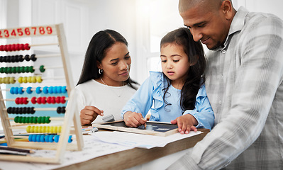 Image showing Education, couple and kindergarten girl drawing, coloring and writing together on kitchen counter. Homework, homeschool and man with woman and child teaching, learning and helping with home school.