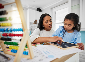 Image showing Teaching, math and mother with kid home education, learning and support for child development. Parents, woman or family helping girl with numbers, drawing and creative writing together at their house