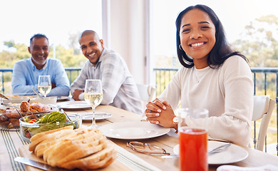 Image showing Food, portrait and woman at friends brunch, lunch and celebration event for happy reunion, bond or quality time. Love smile, happiness and group of people eating meal together at Mexico holiday home