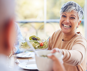 Image showing Pass salad food, lunch and happy people at brunch celebration event for reunion, bonding and enjoy quality time together. Eating vegan meal, nutritionist or senior woman laugh at funny joke in Mexico