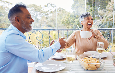 Image showing Friends pass food, lunch and happy people at brunch celebration event for reunion, bonding and enjoy quality time together. Eating meal, smile and woman and man laugh at funny joke in Mexico home