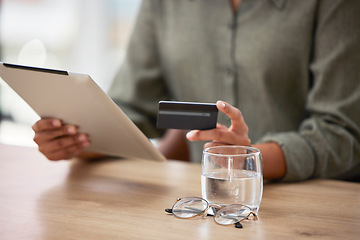 Image showing Closeup, hands and tablet with woman, credit card and ecommerce with online shopping, bills and debt. Zoom, female and lady with device, transactions and payments for purchase, discount and sales