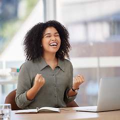 Image showing Success, laptop and black woman celebrating in office, happy and excited for bonus target. Good news, email and corporate girl with winning results, achievement or project goal and victory in startup