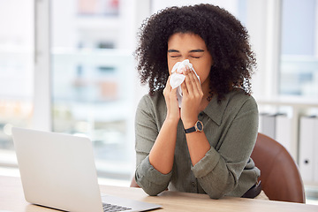 Image showing Sick, laptop and blowing nose with black woman in office for virus, illness and allergy symptoms. Disease, tissue and sneeze with employee suffering at desk with condition, flu and cold infection