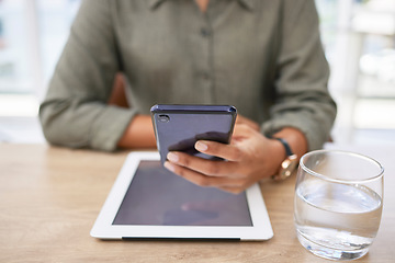 Image showing Search, contact and hands of woman with phone and tablet for communication, social media or connection. Technology, internet and digital with employee typing for browsing, text message or news