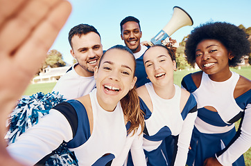 Image showing Selfie, team and group with fitness, outdoor and happiness with victory, winning and competition. Portrait, happy friends and people with smile, field and workout for match, development and training