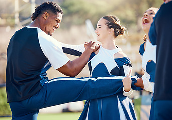 Image showing Cheerleader, team sport and stretching outdoor for fitness, training and warm up workout for group. Teamwork of athlete women and men together for competition, support and motivation for cheerleading