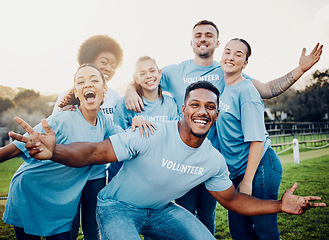 Image showing Happy, volunteers and portrait of friends on a farm having fun together with happiness, joy and unity. Sustainable, agriculture and diverse people working or volunteering in eco friendly environment.