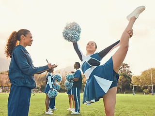 Image showing Cheerleader, team coach and sports outdoor for fitness, training and warm up workout for group. Athlete woman and trainer together for competition, performance and motivation with cheerleading pompom