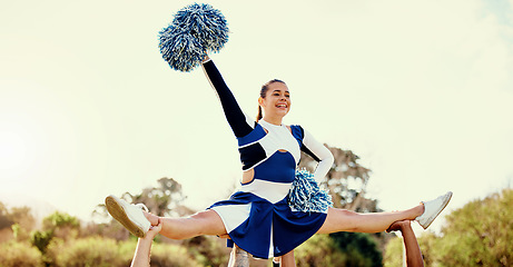 Image showing Cheerleader, sky and sports woman performance with smile and energy to celebrate outdoor. Cheerleading person dance with team support, motivation and hands for training, workout or competition