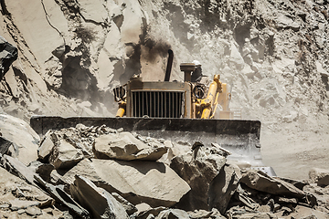 Image showing Bulldozer doing road construction in Himalayas