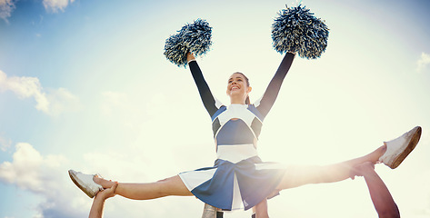 Image showing Cheerleader woman, sky and sports performance with smile and energy to celebrate outdoor. Cheerleading person dance with team support, motivation and hands for training, workout or competition