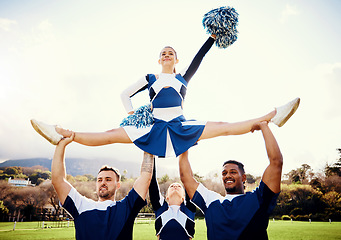 Image showing Sports woman, sky and cheerleader performance with smile and energy to celebrate outdoor. Cheerleading person dance with team support, motivation and hands for training, workout or competition