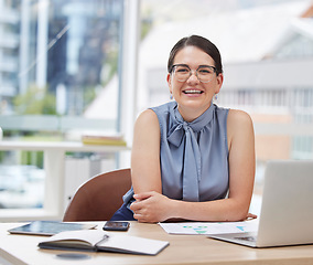 Image showing Business woman, office portrait and happy with excited face, happiness and success at corporate finance job. Executive, desk and motivation with smile for goals, accounting career or company mission