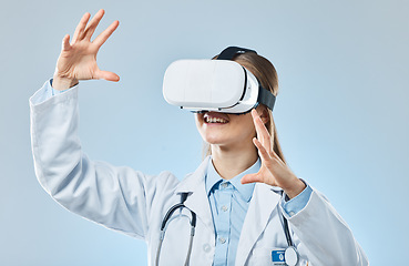 Image showing Vr, medical and research with doctor and headset for augmented reality, healthcare and virtual analysis. Future, cyber and technology with woman and 3d touch for expert, medicine or science in studio