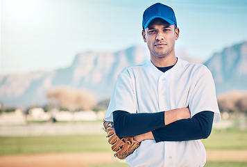 Image showing Sports, baseball and portrait of man with glove on field ready for game, practice and competition. Fitness, motivation and male athlete with confident mindset for exercise, training and workout