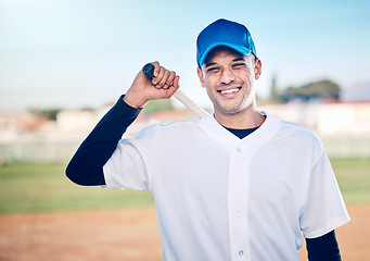 Image showing Sports, baseball and man with bat smile ready for playing game, practice and competition on field. Fitness, motivation and male athlete outdoors for exercise, training and workout for sport match
