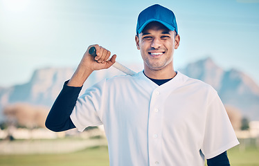 Image showing Portrait, exercise and man training, baseball and outdoor for competition, smile and fitness for wellness. Face, male player or athlete on field, bat and happiness for match, confident and winning