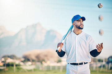 Image showing Sports, baseball and man with ball and bat on field ready for game, practice and competition. Sport mockup, fitness action and male athlete outdoors for exercise, training and workout for match