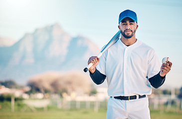 Image showing Sports, baseball and portrait of man with bat on field ready for game, practice and competition mockup. Fitness, confident mindset and athlete outdoors for exercise, training and workout for match