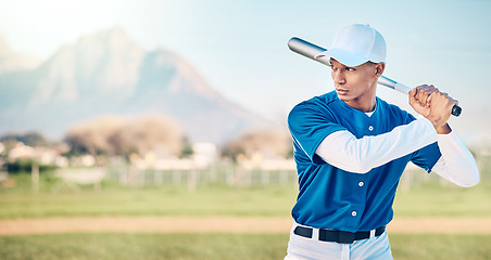 Image showing Sports, baseball and man with bat in action ready to hit ball in game, practice and competition on field. Fitness, sport mockup and serious male athlete outdoors for training and workout for match