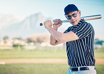 Image showing Baseball player, man with bat and sports outdoor with athlete, exercise and professional, ready to hit and mockup. Playing game, fitness and pitch with active lifestyle, training and focus in Cuba