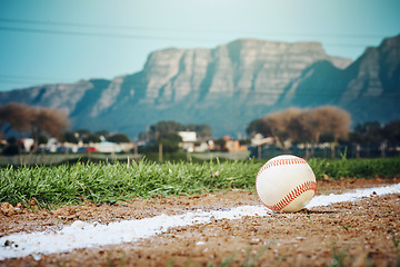 Image showing Sports mockup, baseball field and ball on ground ready for game, practice and competition outdoors. Fitness, copy space and softball equipment on chalk for exercise, training and workout in match