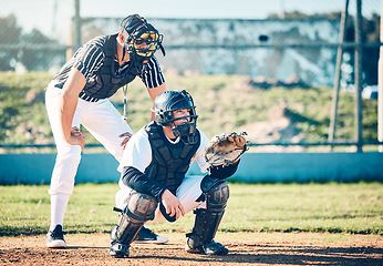 Image showing Sports, umpire and baseball with man on field for fitness, training and competition match. Strike, home run and catcher with athlete playing game in park stadium for league, pitchers and exercise