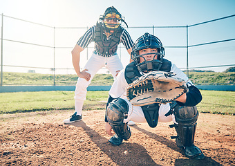 Image showing Sports, baseball and catcher with man on field for fitness, pitching and championship training. Workout, umpire and exercise with athlete playing at stadium for competition match, cardio and league