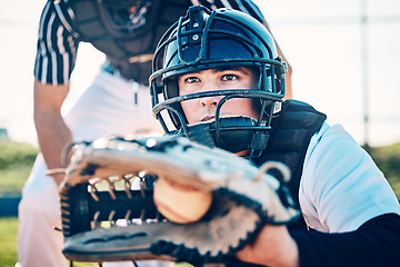 Image showing Baseball, catcher and fitness with man on field for training, umpire and sports competition. Workout, exercise and pitching with athlete playing in park stadium for games, match and wellness