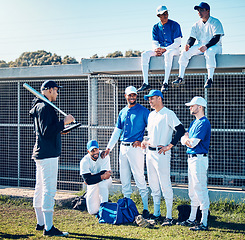 Image showing Coaching, sports and baseball with men on field for training, learning and discussion. Solidarity, support and listening with group of people and practice for competition, pitch and community