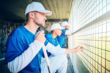 Image showing Sports, fitness and baseball with man in dugout for thinking, training and planning strategy. Relax, teamwork and workout with group of people in park stadium for focus, competition match or coaching