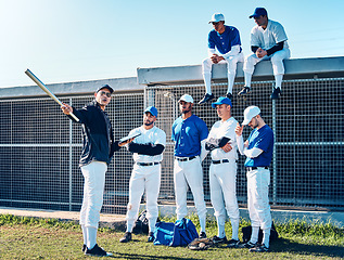 Image showing Coaching, sports and teamwork with baseball player on field for training, learning and discussion. Solidarity, support and listening with group of people and practice for competition, pitch and goals