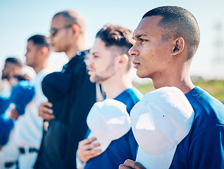 Image showing Sports, baseball team and man singing anthem at game start, athlete club competition or softball field tournament. USA country solidarity, exercise workout or serious player at fitness training pitch