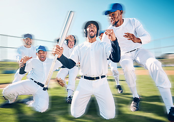 Image showing Teamwork, sports and winner with baseball player on field for home run, training and strike. Fitness, happy and celebration with group of men in park stadium for achievement, friends and action