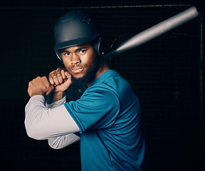 Image showing Sports, baseball and portrait of black man with bat ready to hit ball in game, practice and competition. Fitness, sport mockup and serious male athlete on dark background for exercise and training