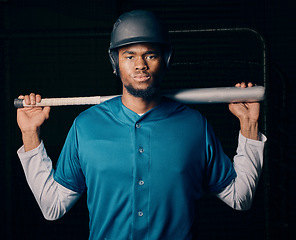 Image showing Sports, baseball and portrait of black man with bat on dark background ready for game, practice and competition. Fitness, sport mockup and male athlete for exercise, training and workout for match