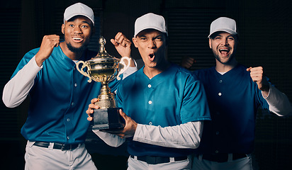 Image showing Baseball trophy, team portrait and winner celebration of a sports group with a smile and motivation. Celebrating, excited and fitness friends happy from sport training achievement award in studio