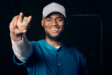 Image showing Sports, baseball and smile with portrait of black man for training, wellness and happiness. Strong, professional and pitching with athlete holding ball for workout, health and competition match