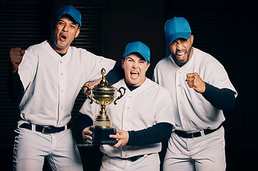 Image showing Baseball trophy, excited team portrait and winner celebration of a sports group with motivation. Celebrating, cheering and winning friends happy from sport training achievement award in studio