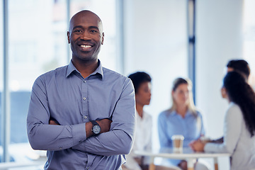 Image showing Business man, company manager and portrait of a office leadership employee with a smile. Proud ceo, blurred background and success of a management worker with motivation from team collaboration