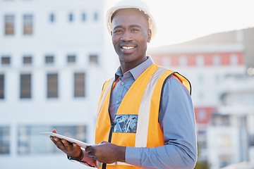 Image showing Engineering, tablet and portrait of black man in city for construction, building and architecture. Maintenance, inspection and technology with employee for contractor, digital and project management