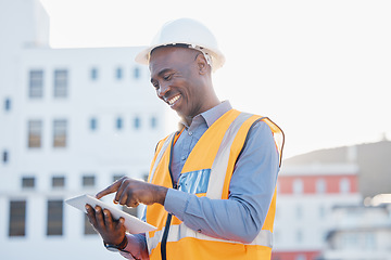 Image showing Engineering, tablet and search with black man in city for construction, building and architecture. Maintenance, inspection and technology with employee for contractor, digital and project management