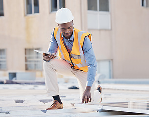 Image showing Black man, engineer tablet and solar panel grid installation of construction worker technician outdoor. Businessman, renewable energy and industrial eco friendly panels of maintenance employee